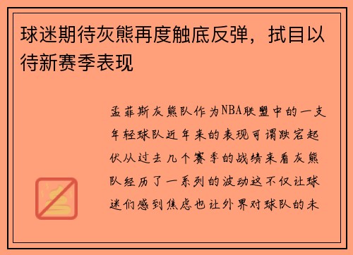 球迷期待灰熊再度触底反弹，拭目以待新赛季表现