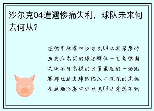 沙尔克04遭遇惨痛失利，球队未来何去何从？